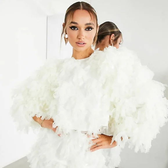 ASOS EDITION volume sleeve top in textured sequin mesh in ivory